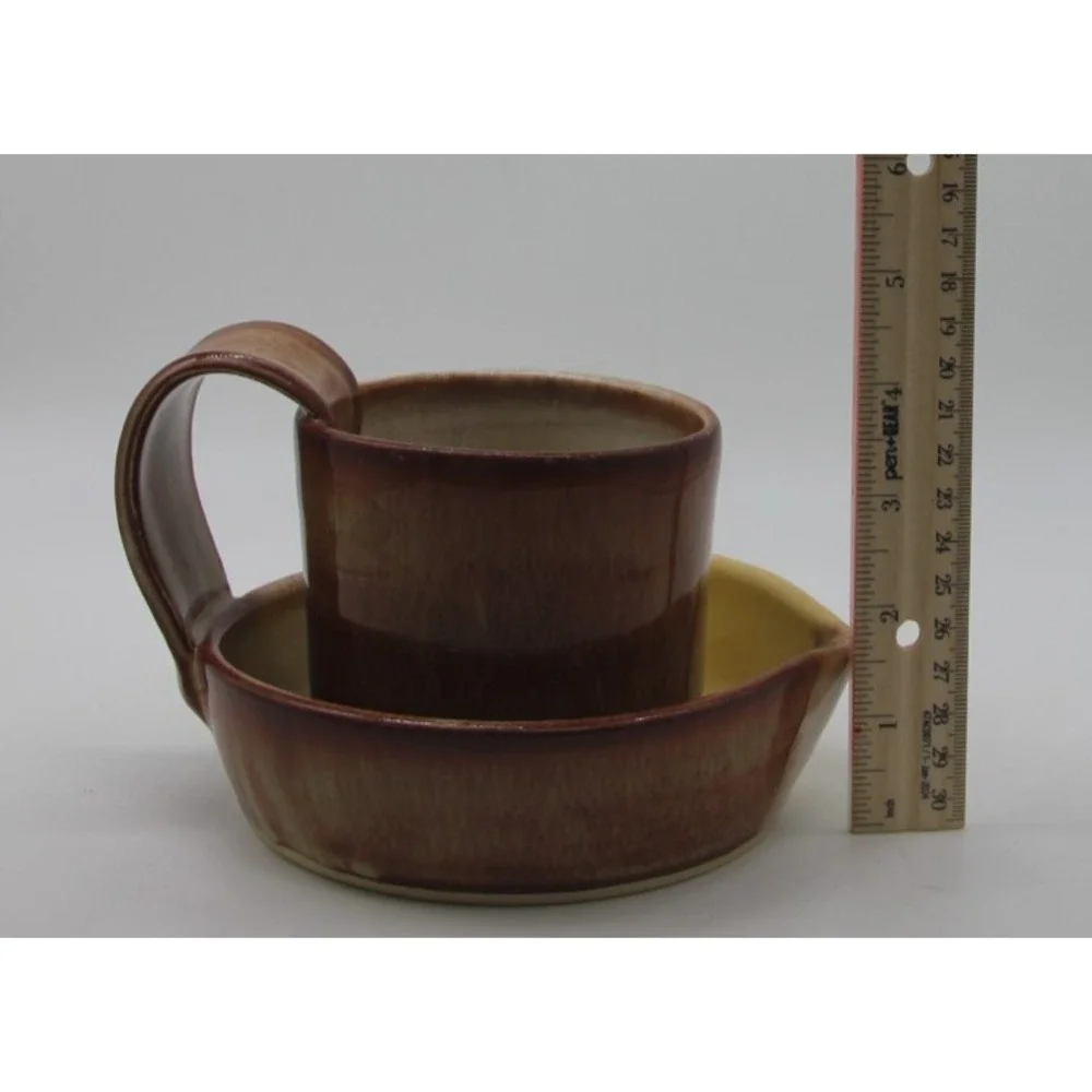 Handmade Pottery Microwave Bacon Cooker Yellow Brown Reactive Glaze Heavy Signed